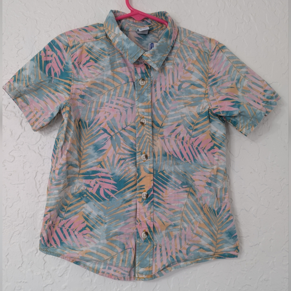 Old Navy Boys Hawaiian Shirt Bright Pink Orange Teal Turquoise Palms Youth 5T